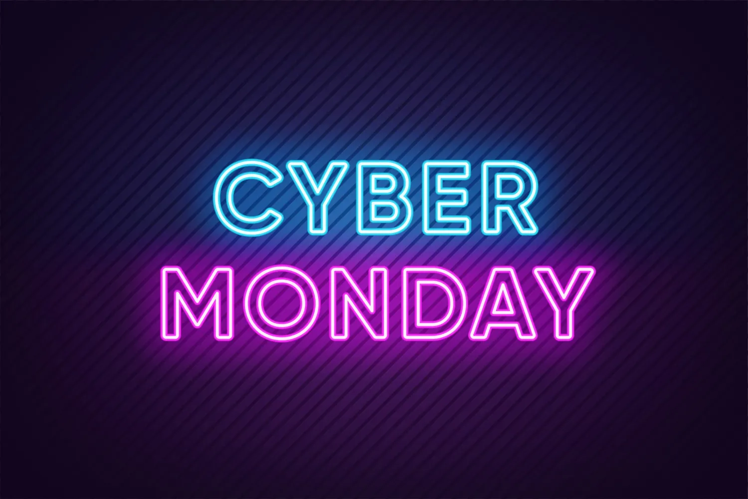 Cyber Monday Neon Plakat in blau und lila Farben.